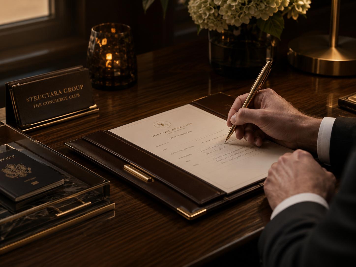 Concierge writing notes at a walnut desk
