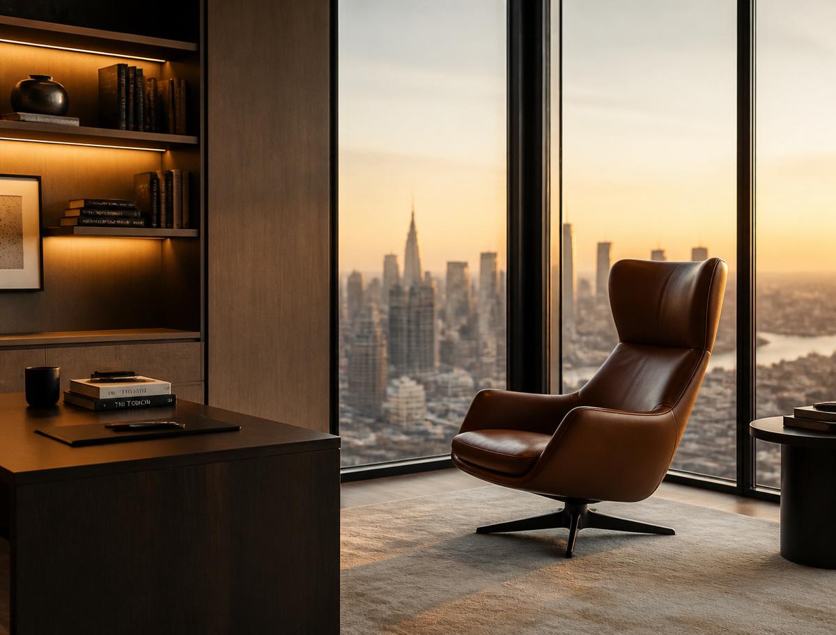Executive study with skyline view at golden hour