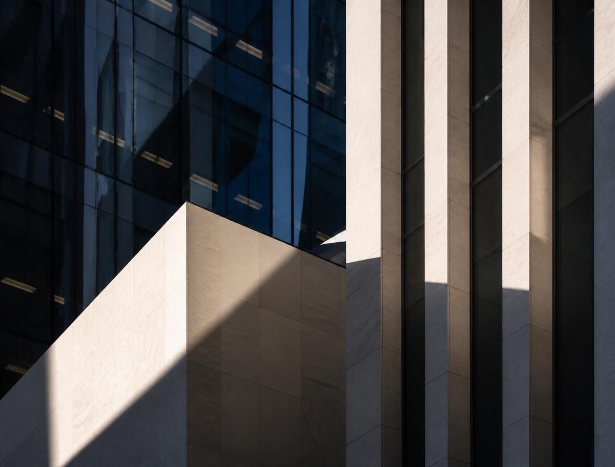 Modern financial district architecture in warm light
